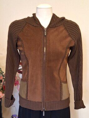 Quality Structured Knit Zip-Up Cardigan Brown Hooded Sweater Women M